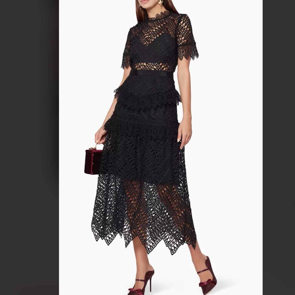 SELF-PORTRAIT Black Abstract Triangle Lace Midi Dress Size US 2 - Picture 11 of 15